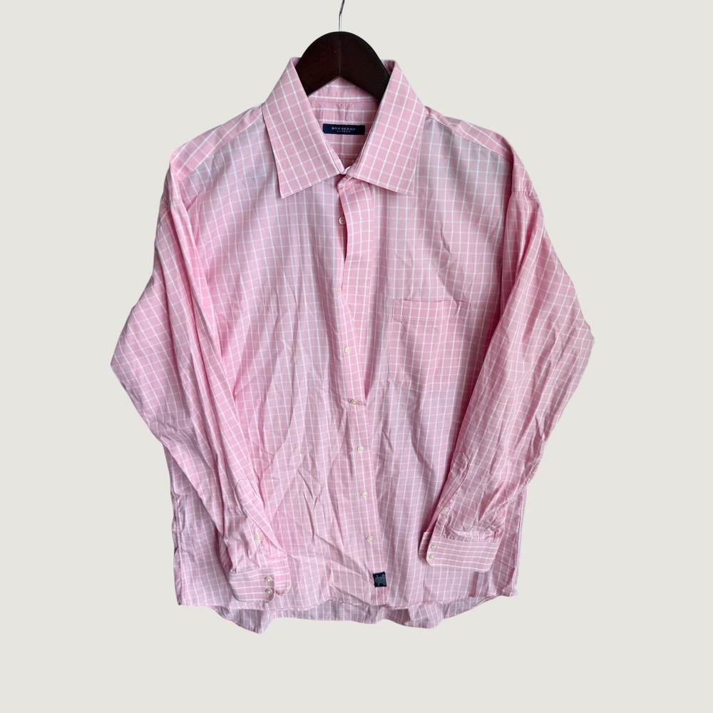Burberry London Windowpane Shirt Check Preppy Mens 17R Pink Cotton USA Office